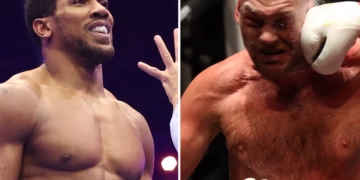 A split image Anthony Joshua and Tyson Fury , two heavyweight greats.